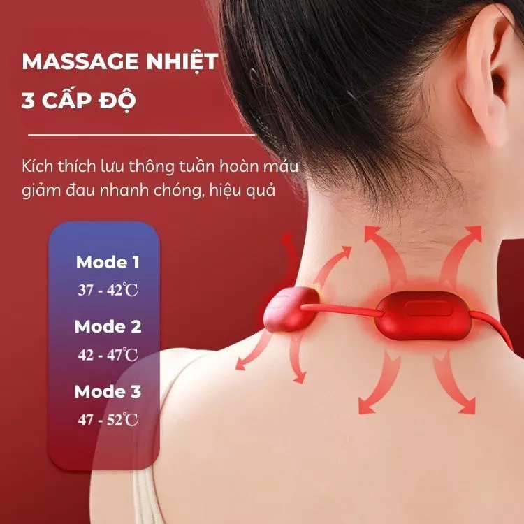 3 cấp độ nhiệt massage: 37-42°C, 42-47°C, 47-52°C